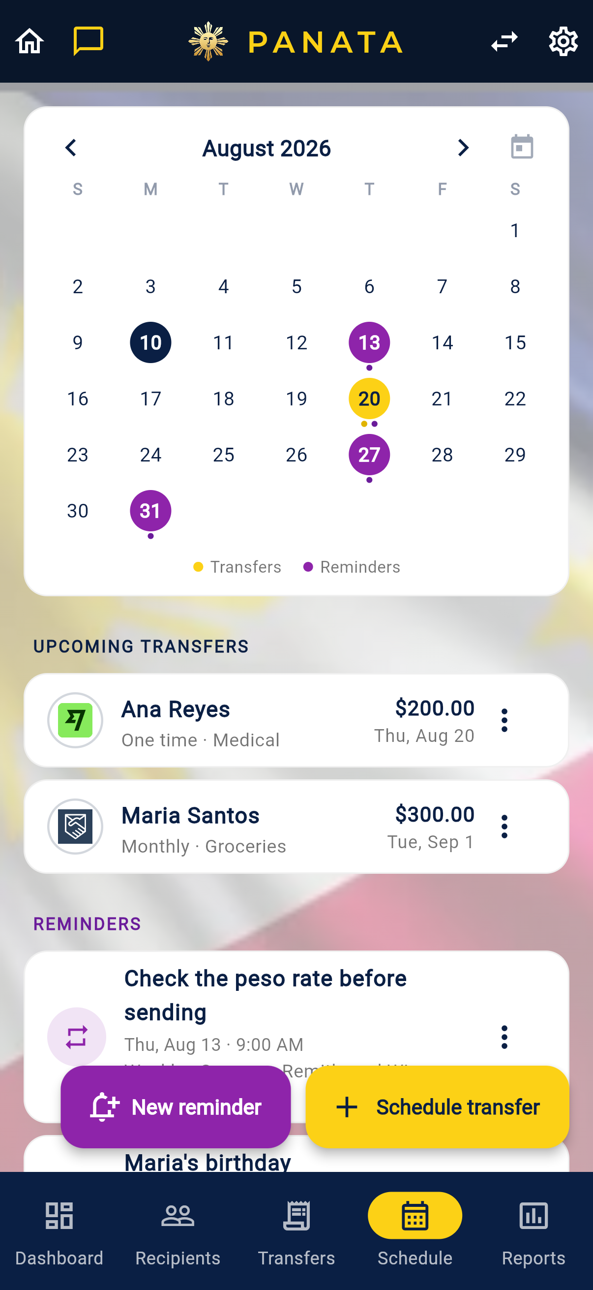 Schedule and reminders
